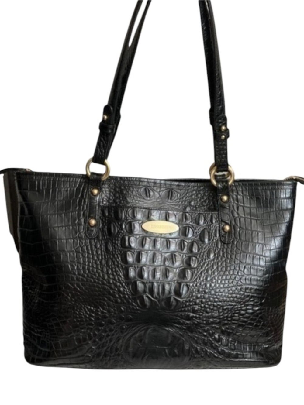 Brahmin Black leather Croc-Embossed Tote Bag - Classic Double Handle Bag. Clean